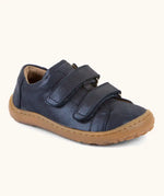 Froddo natural leather barefoot base children's shoe in blue, showing 2 velcro fasteners and a grippy sole. Shoe has a low profile