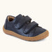 Froddo natural leather barefoot base children's shoe in blue, showing 2 velcro fasteners and a grippy sole. Shoe has a low profile