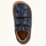 Top view of Froddo barefoot base children's shoe in blue showing the velcro strap fastener and insole detail
