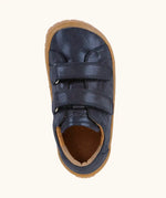 Top view of Froddo barefoot base children's shoe in blue showing the velcro strap fastener and insole detail