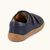 Back of the Froddo barefoot base children's shoe in blue showing the padded ankle support and brown grippy sole