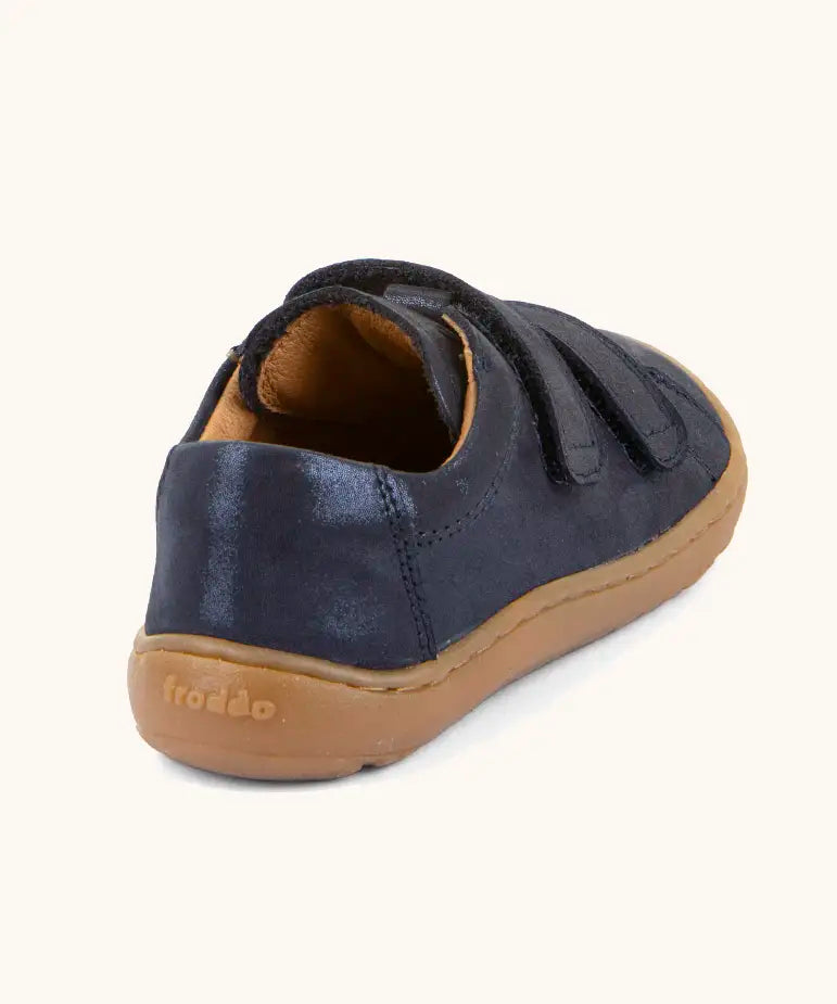Back of the Froddo barefoot base children's shoe in blue showing the padded ankle support and brown grippy sole
