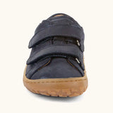 Front of the Froddo barefoot base children's shoe in blue showing the 2 velcro fasteners and the brown grippy sole detail