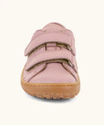 Front of the Froddo barefoot base children's shoe in pink showing the 2 velcro fasteners and the brown grippy sole detail