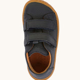 A top down image Froddo barefoot base children's shoe in navy available at Babipur. showing the velcro strap fastener and insole detail
