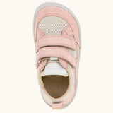 Top view of Froddo barefoot base children's shoe in pale pink showing the velcro strap fasteners and insole detail