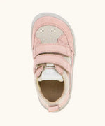 Top view of Froddo barefoot base children's shoe in pale pink showing the velcro strap fasteners and insole detail