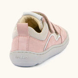 Froddo barefoot base children's shoe in pale pink. A trainer showing a pull tab on the back and padded ankle support