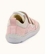 Froddo barefoot base children's shoe in pale pink. A trainer showing a pull tab on the back and padded ankle support