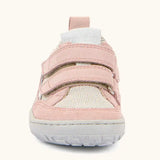 Front of  Froddo barefoot base children's shoe in pale pink showing the 2 velcro fasteners and the grey rubber sole