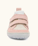 Front of  Froddo barefoot base children's shoe in pale pink showing the 2 velcro fasteners and the grey rubber sole