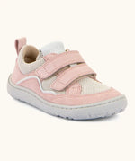 Froddo barefoot base children's shoe in pale pink with a white stripe. A trainer showing 2 velcro fasteners and rubber sole