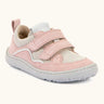 Froddo barefoot base children's shoe in pale pink with a white stripe. A trainer showing 2 velcro fasteners and rubber sole