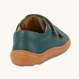 The back of the Froddo barefoot base children's shoe in petroleum available at Babipur. showing the padded ankle support and the brown grippy sole detail