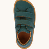 A top down image Froddo barefoot base children's shoe in petroleum available at Babipur. showing the velcro strap fastener and insole detail