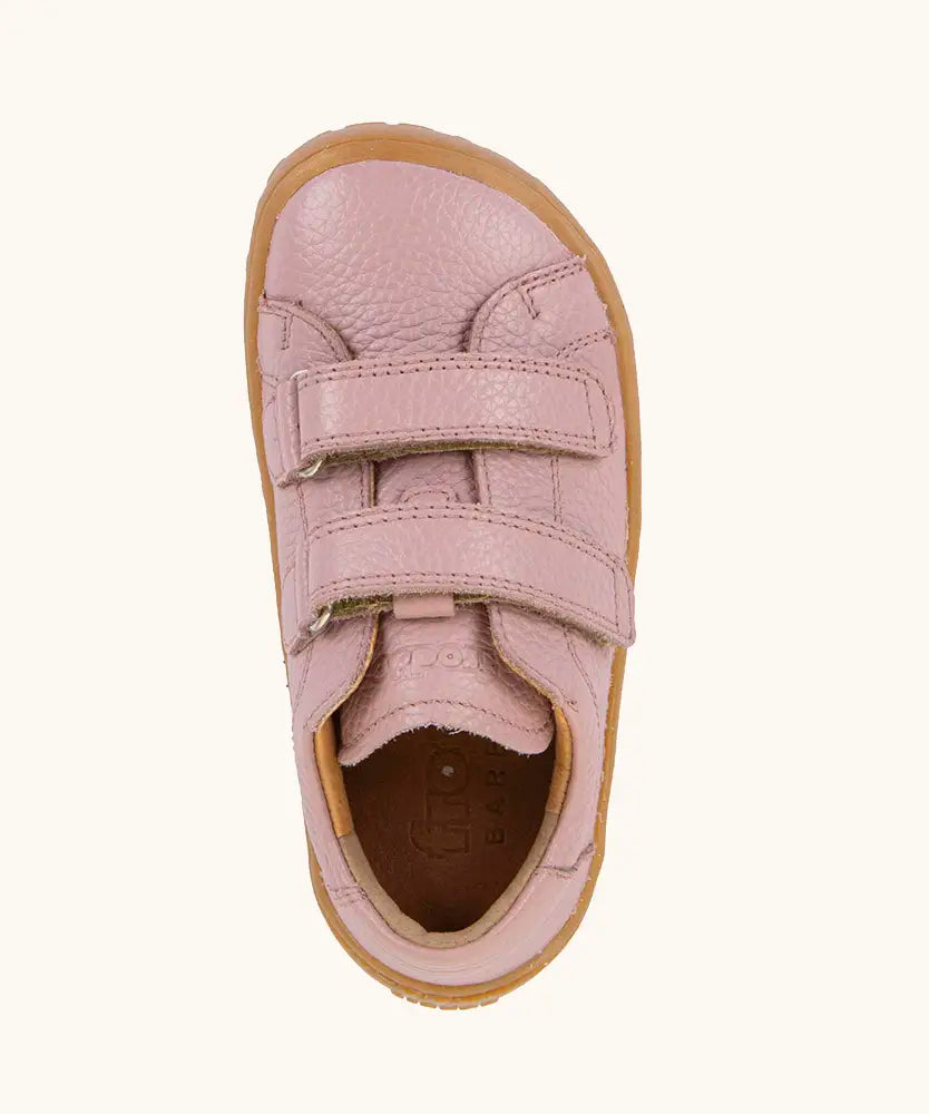 Top view of Froddo barefoot base children's shoe in pink showing the velcro strap fastener and insole detail