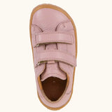 Top view of Froddo barefoot base children's shoe in pink showing the velcro strap fastener and insole detail