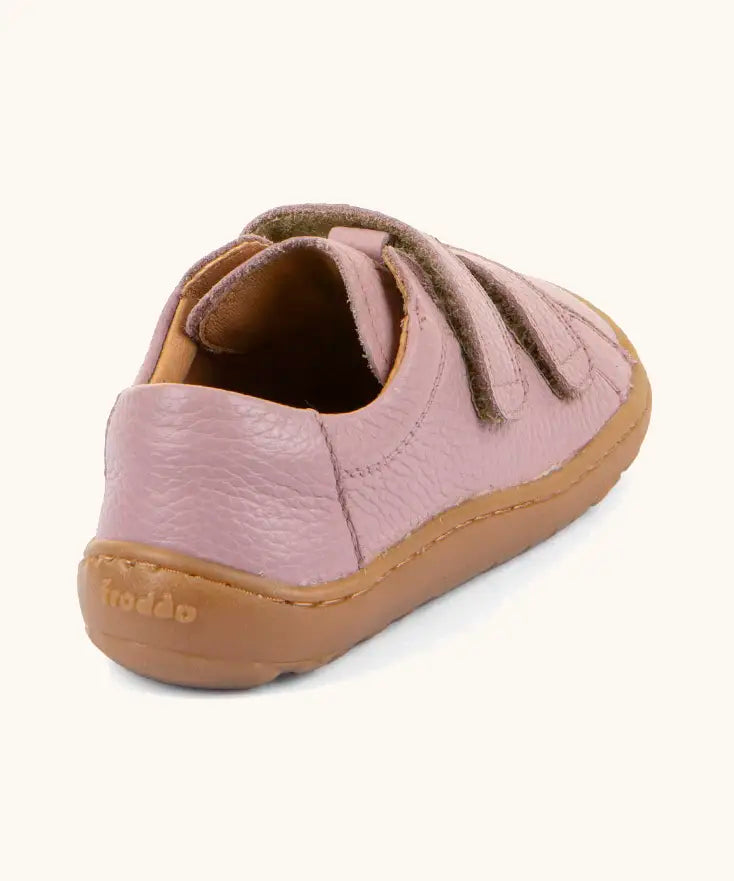 Back of the Froddo barefoot base children's shoe in pink showing the padded ankle support and brown grippy sole