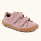 Froddo barefoot base children's shoe in pink. A natural leather low profile shoe showing 2 velcro fasteners and a grippy sole