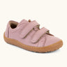 Froddo barefoot base children's shoe in pink. A natural leather low profile shoe showing 2 velcro fasteners and a grippy sole