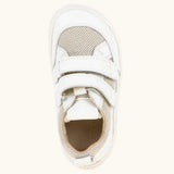 Top view of Froddo barefoot base children's shoe in white showing the velcro strap fastener and insole detail