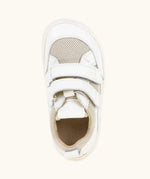 Top view of Froddo barefoot base children's shoe in white showing the velcro strap fastener and insole detail