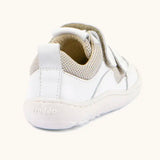 Back of Froddo barefoot low profile children's shoe in white showing  padded ankle support and pull tab