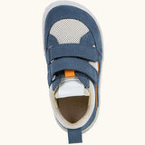 Top view of Froddo barefoot base children's shoe in blue and white showing the 2 velcro fasteners and insole detail