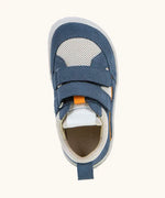 Top view of Froddo barefoot base children's shoe in blue and white showing the 2 velcro fasteners and insole detail