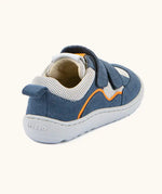 Back of Froddo barefoot low profile children's shoe in blue and white showing padded ankle support and pull tab
