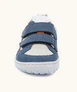 Front of the Froddo barefoot base children's shoe in blue and white showing the 2 blue velcro fasteners and a grey grippy sole