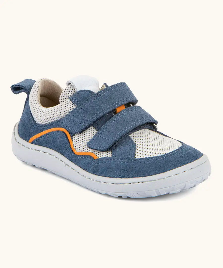 Froddo barefoot base children's shoe in blue and white with orange line on side  showing 2 blue velcro fasteners, pull tab on the back and a grippy sole