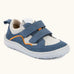 Froddo barefoot base children's shoe in blue and white with orange line on side  showing 2 blue velcro fasteners, pull tab on the back and a grippy sole