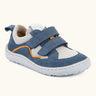 Froddo barefoot base children's shoe in blue and white with orange line on side  showing 2 blue velcro fasteners, pull tab on the back and a grippy sole
