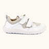 Froddo barefoot low profile children's shoe in white showing 2 velcro fasteners, pull tab on the back and a grippy sole