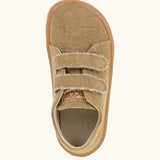 Top view of the Back of Froddo barefoot botaniq kids canvas stye shoes in beige showing 2 front velcro fasteners and insole detail
