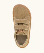Top view of the Back of Froddo barefoot botaniq kids canvas stye shoes in beige showing 2 front velcro fasteners and insole detail