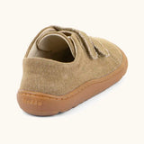 Back of Froddo barefoot botaniq kids canvas stye shoes in beige with a brown rubber grippy sole 