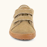 Front of Back of Froddo barefoot botaniq kids canvas stye shoes in beige showing 2 front velcro fastened