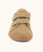 Front of Back of Froddo barefoot botaniq kids canvas stye shoes in beige showing 2 front velcro fastened