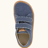 Top view of the Back of Froddo barefoot botaniq kids canvas stye shoes in blue showing 2 front velcro fasteners and insole detail