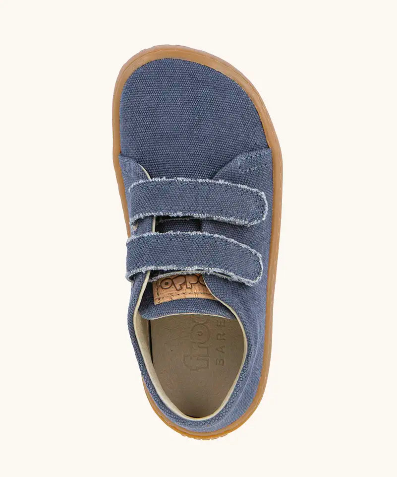 Top view of the Back of Froddo barefoot botaniq kids canvas stye shoes in blue showing 2 front velcro fasteners and insole detail