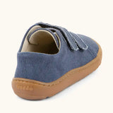 Back of Froddo barefoot botaniq kids canvas stye shoes in blue with a brown rubber grippy sole 