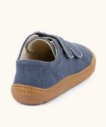 Back of Froddo barefoot botaniq kids canvas stye shoes in blue with a brown rubber grippy sole 
