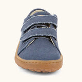 Front of Back of Froddo barefoot botaniq kids canvas stye shoes in blue showing 2 front velcro fastened