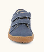 Front of Back of Froddo barefoot botaniq kids canvas stye shoes in blue showing 2 front velcro fastened