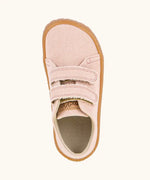 Top view of the Back of Froddo barefoot botaniq kids canvas stye shoes in pale pink showing 2 front velcro fasteners and insole detail