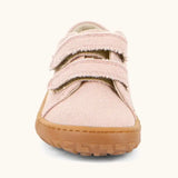 Front of Back of Froddo barefoot botaniq kids canvas stye shoes in pale pink showing 2 front velcro fastened