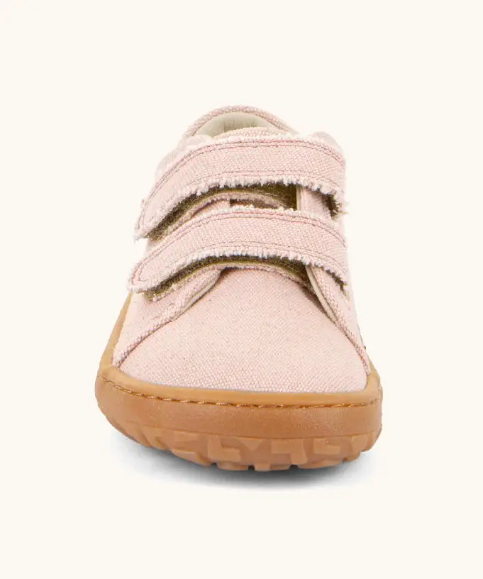 Front of Back of Froddo barefoot botaniq kids canvas stye shoes in pale pink showing 2 front velcro fastened