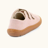 Back of Froddo barefoot botaniq kids canvas stye shoes in pale pink with a brown rubber grippy sole 